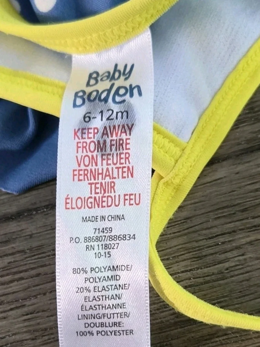 Baby Boden Blue Polka Dot Duck Duckling Ruffle Swimsuit Bathing Suit Size 6 12 M